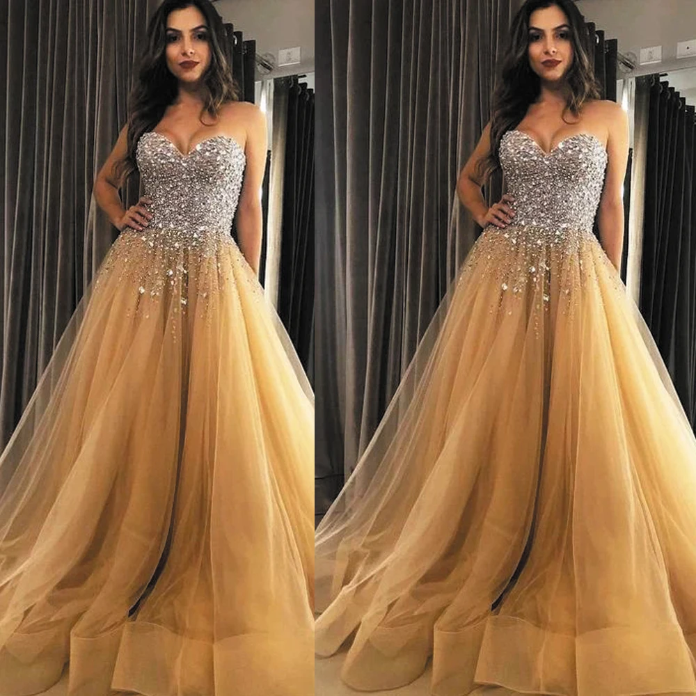 

SuperKimJo Champagne Prom Dresses 2020 Beaded Sparkly Sweetheart Neck Prom Gowns Vestidos De Fiesta Largos Elegantes De Gala
