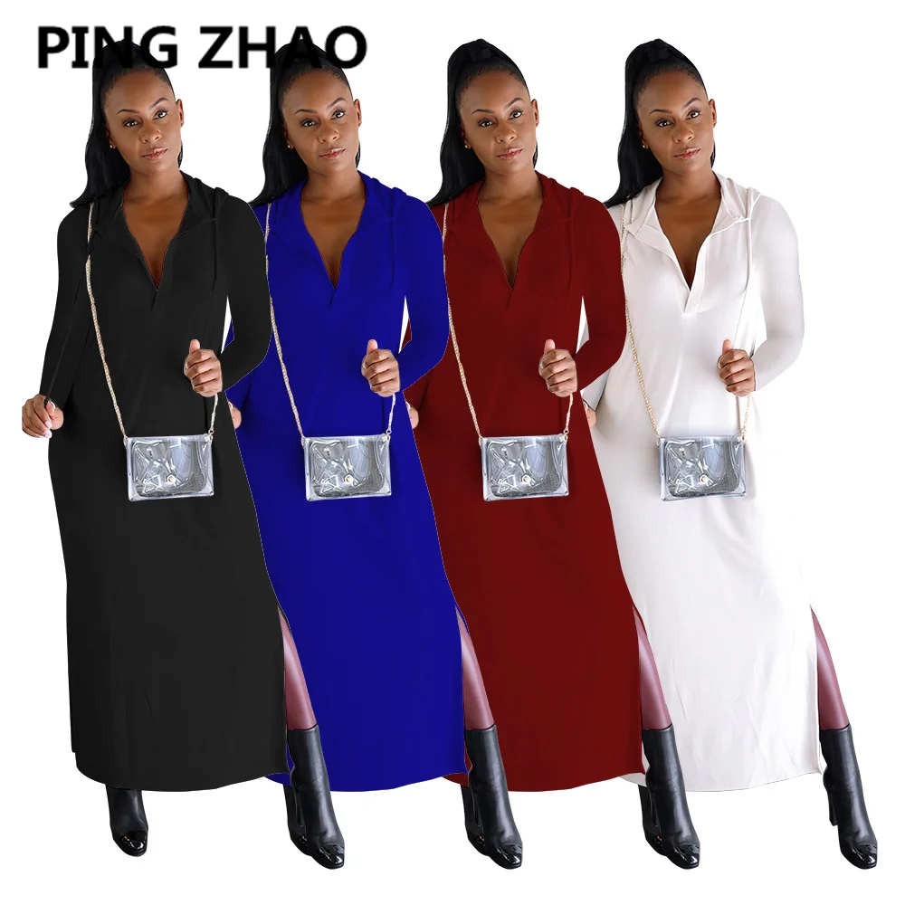 

PING ZHAO Women Autumn Casual Long Sleeve Back Hole Long Hooded Dress Women Sexy Hollow Out Party Club Dresses Vestidos