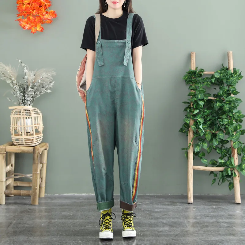 

Женский джинсовый комбинезон в стиле пэчворк, Свободный комбинезон из потертого денима, повседневные брюки-султанки в уличном стиле для ве...