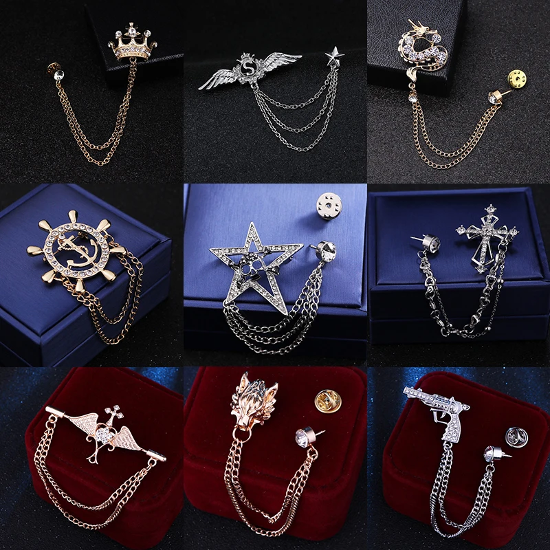 

Fashion Men Women Chain Pins Crown Angel Wings Dragon Navy Anchor Vintage Corsage Badge Eagle Reindeer Wolf King Brooch