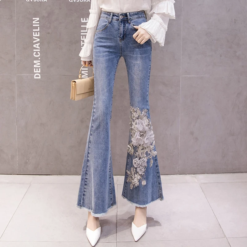 

Lucyever Fashion Embroidery Pearls Bead Denim Pants Women Autumn New Slim Flare Pants Woman Pockets Casual Long Jeans Female