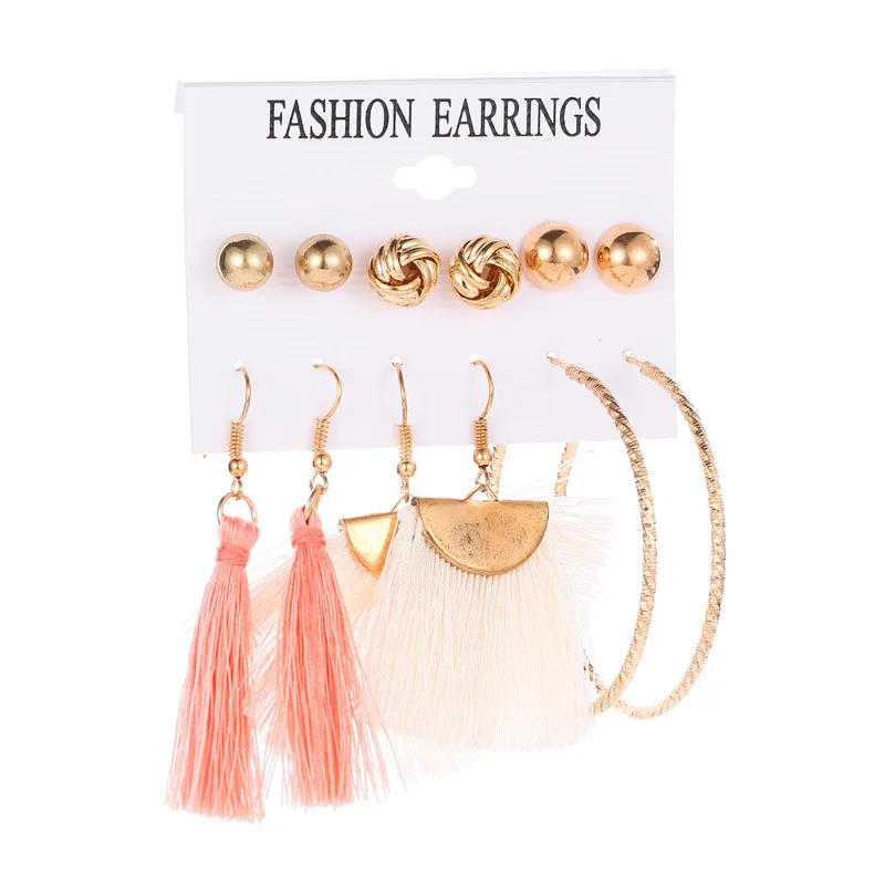 

6pcs set New Fashion pink white tassel circle earring for women Pearl combination six-piece exaggerated earrings fashion earring