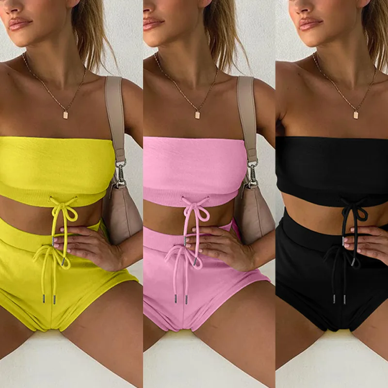 

2020 fashion simple design high street women solid color women suit 2 piece set strapless crop tees + drawstring shorts outfit