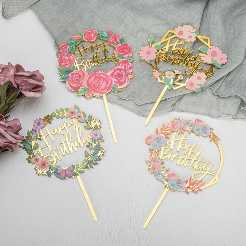 

1PC Acrylic Cake Topper Gold Flash Cake Toppers Happy Birthday Party New Year Decoration For Home Party Supplies Cupcake Topper