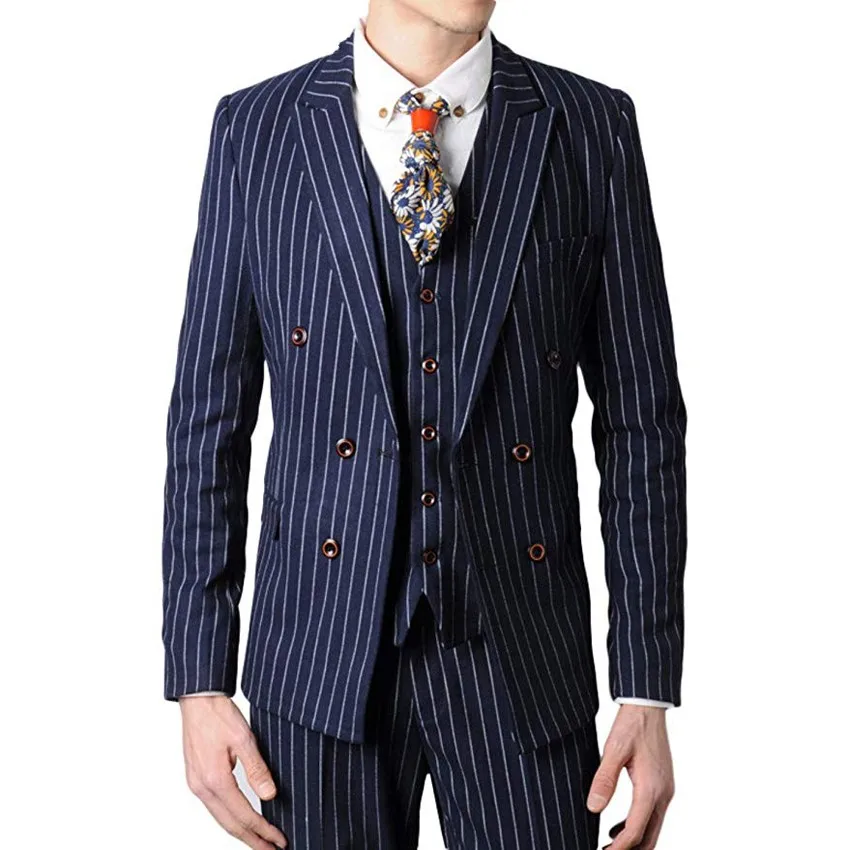 

Navy with White Stripes Wear Peaky Blinders Suit Boda Groomsmen Groom Tuxedos Peak Lapel Men Suit 3 Pieces( Jacket+Pants+Vest)