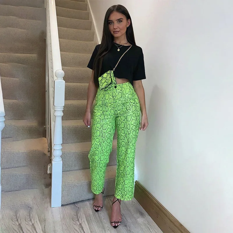 InstaHot под змеиную кожу; Прямые брюки для девочек осенние Для женщин свободные, длиной до щиколотки повседневные штаны уличная Модный женский длинный комбинезон сесксуальный комбинезон капри
