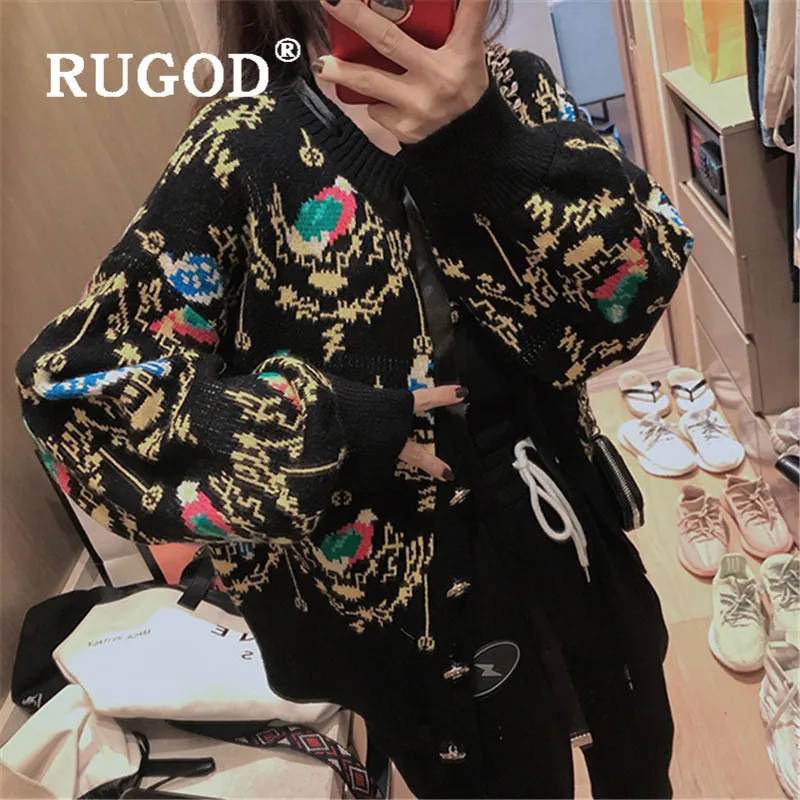 RUGOD Vintage printed knitted cardigan sweater women Fashion lantern sleeve auturm winter outwear single-breated |