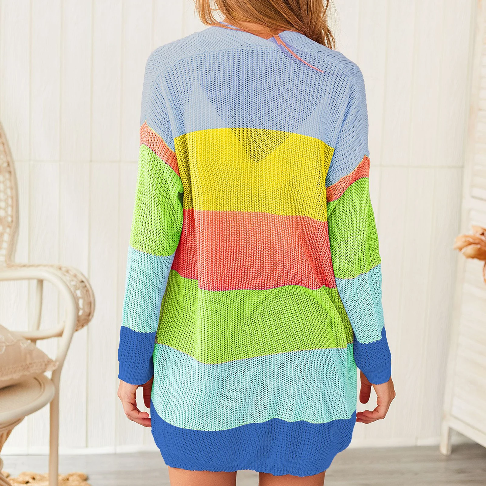 

Autumn Sweater Women Long Sleeve Patchwork Knitted Open Front Rainbow Striped Cardigan Women Coat sueter mujer invierno 2020