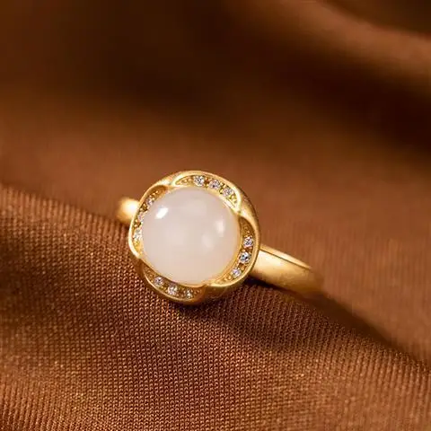 

Original S925 Sterling Silver Hetian Jade White Jade Gray Jade Ladies Ring Gilding Craft Upscale Personality Fireworks Ring