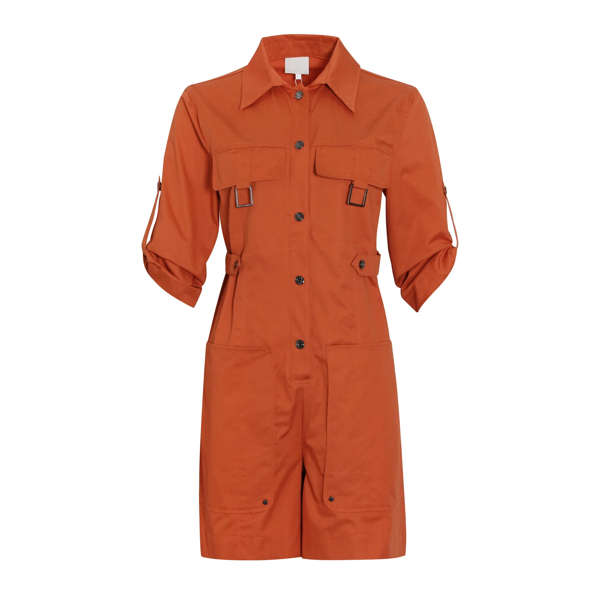 

2020 Summer New Casual Tooling Wind Big Pocket Back Elastic Waist Lapel Shorts Jumpsuit Women