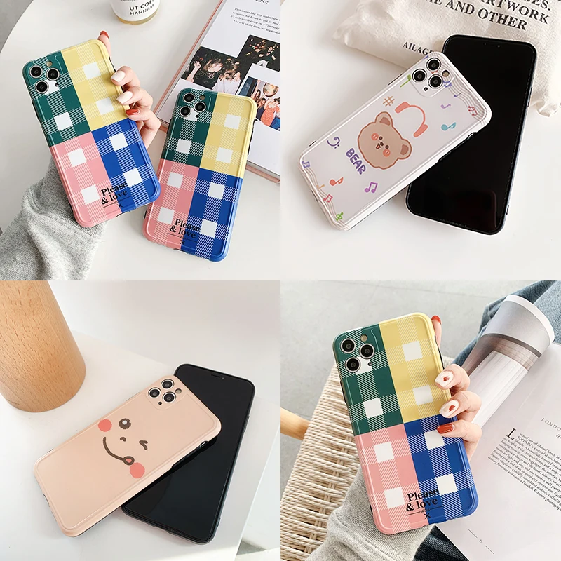 

Original ins wind cute new style iPhone 11 Case for 11 Pro Max X XR XS MAX SE2 7 8 Plus anti-fall Color Matching Grid Phone Case