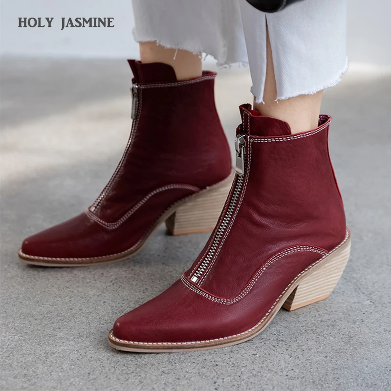 

Western Ankle Boots Cowboy Women Booties Fashion Pointed Toe Shoes Female Thick Heels Cuban Leather Shoes Ladies 2019 New Autumn