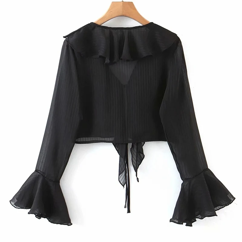 

Women Long Sleeve One-Shoulder Flare Sleeve Lace-Up Solid Color Shirt Tops
