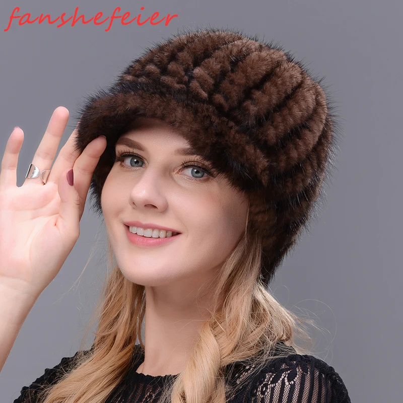 Зимняя вязаная Настоящая Натуральная норковая шапка для женщин Ermine хорошего