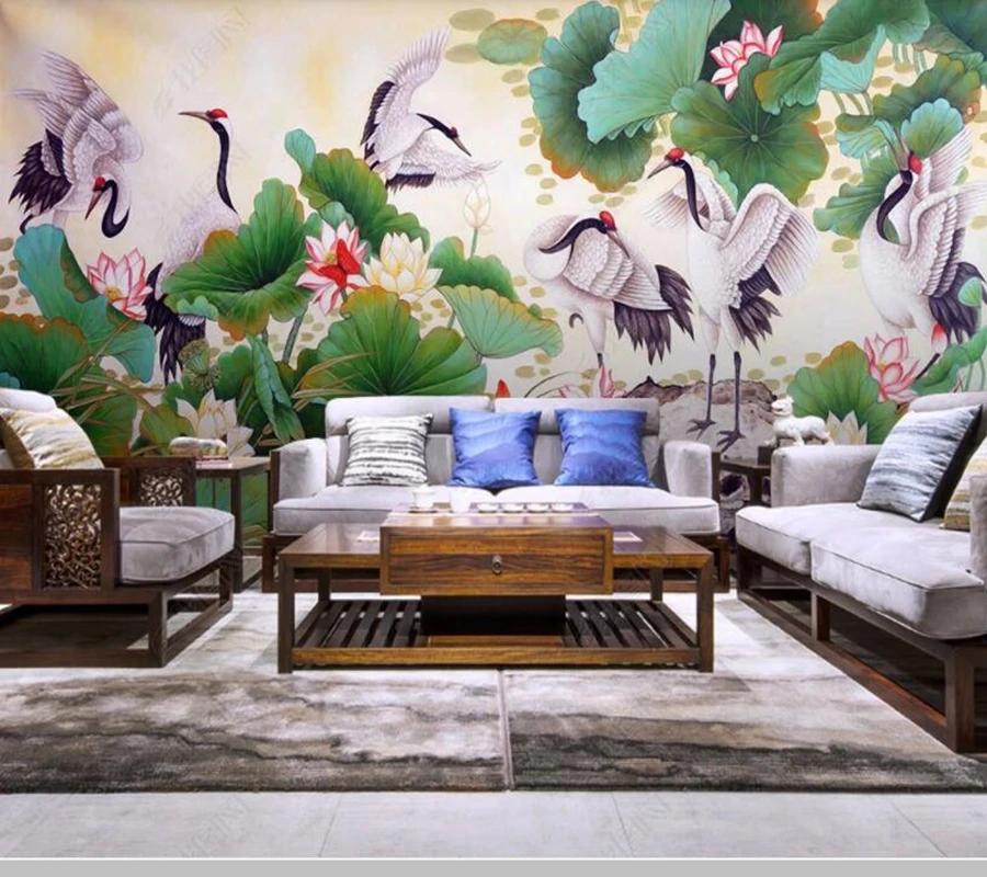 

Papel de parede Chinese style painting lotus and crane 3d wallpaper,living room bedroom wall papers home decor restaurant mural