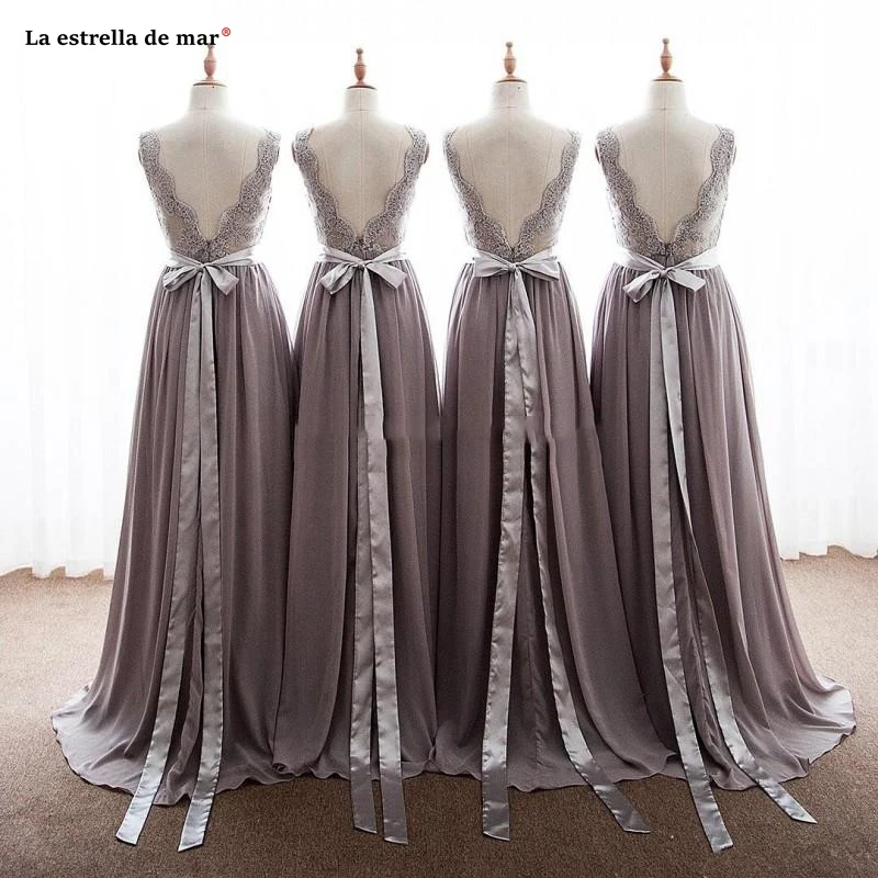 

Elegant Chiffon Long Bridesmaid Dresses V Neck Appliques Lace Floor Length Backless Bridesmaid Gowns With Ribbon Bow Party Dres