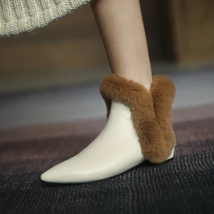 Slip On Warm Plush Insid Ankle Boots Botas Mujer Women Boots Cowhide Booties Ladies Winter Shoes Rabbit Fur Woman Boots