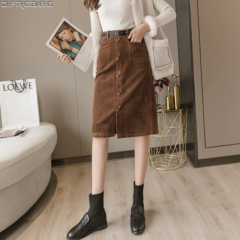 Женская Вельветовая юбка с поясом высокой талией и разрезом|Женские юбки| |