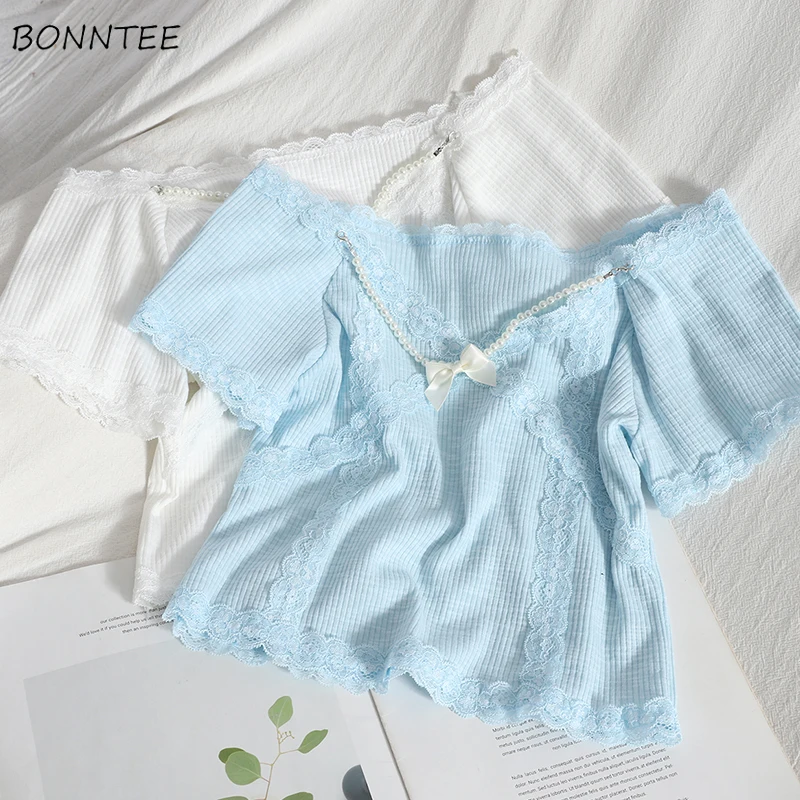 

Blouses Women Lovely Girls Soft Female Bow Fashion Design Summer Holiday Square Collar All-match Patchwork Slim Crops Teens Tops