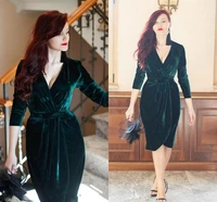emerald green velvet cocktail dresses knee length charming party dress long sleeves formal evening gown