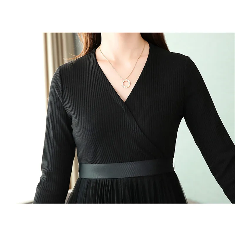 

Winter dress women black M-3XL plus size 2020 autumn new Korean v neck slim long sleeve mesh chic knitted dresses feminina LR820