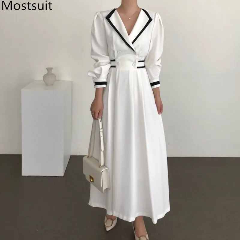 

Элегантное Стильное женское длинное платье с цветными застежками, винтажное корейское офисное платье с длинным рукавом, английским воротн...