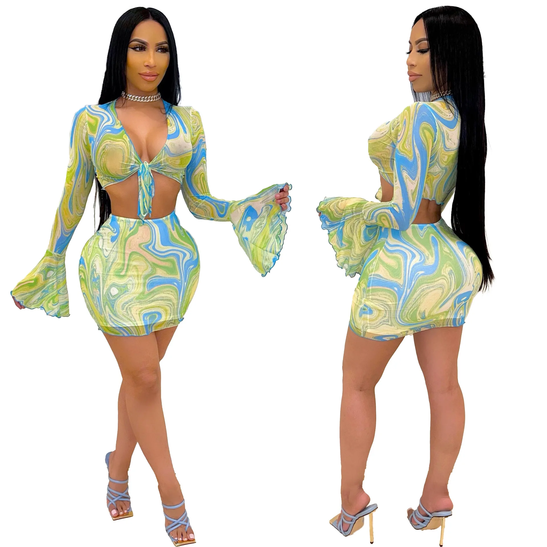 

Fashion women's striped print lace-up flared sleeve skirt suit