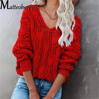 2021 fashion women autumn winter sweaters hollow out design see through v neck long sleeve solid color casual loose knitted tops