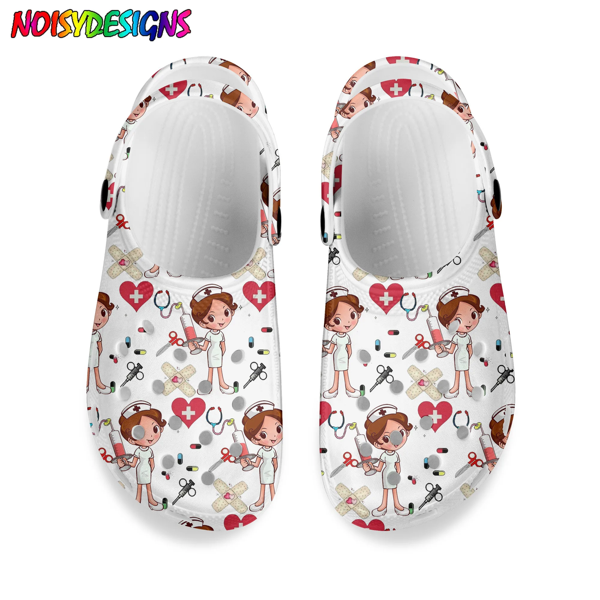 

Новинка 2021, сандалии с принтом для медсестры и девочек NOISYDESIGNS, обувь с дырками, парные шлепанцы, летние женские пляжные туфли на плоской подо...