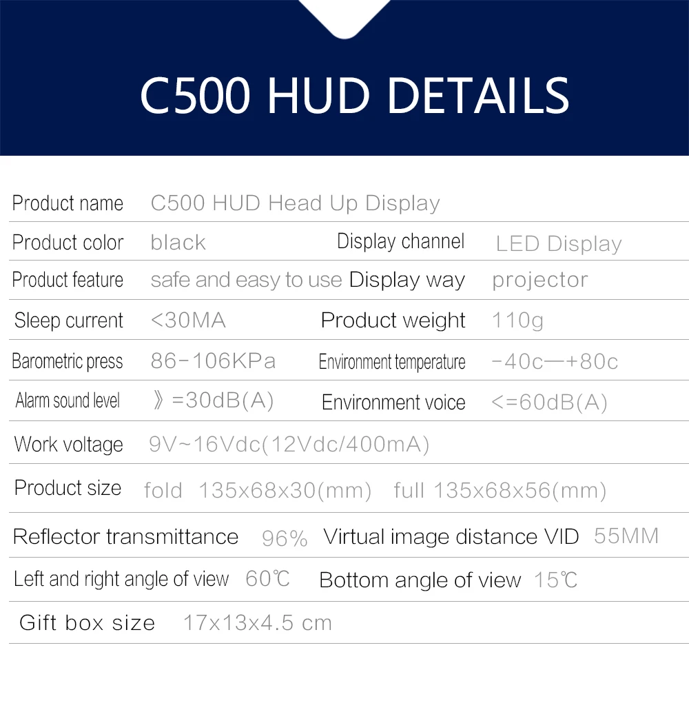 HUD зеркало автомобиля Head Up дисплей C500 лобовое стекло скорость проектор охранной сигнализации температура воды над скоростью об/мин Напряжение часы
