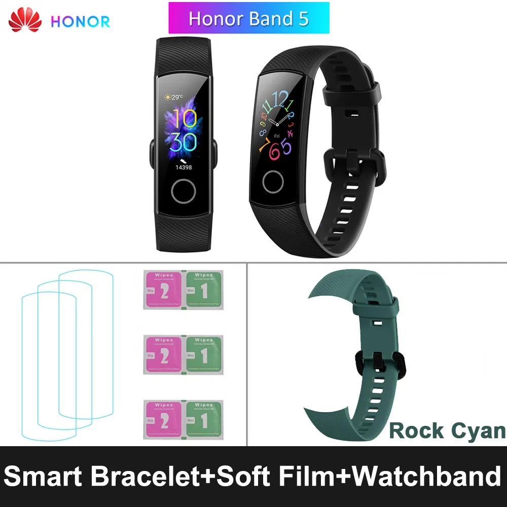 Black RCyan Strap HONOR Band 5 фитнес умный Браслет мониторинг сердечного ритма 5 АТМ водонепроницаемый плавающий Bluetooth 4,2 смарт часы наручные часы - Цвет: Black RCyan Strap