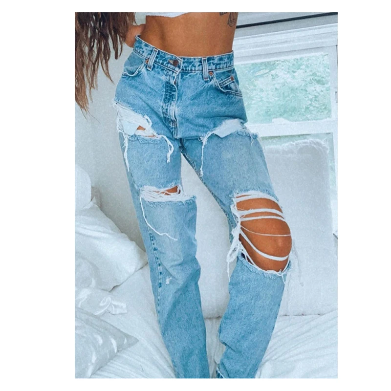 

Women Cargo Pants Ripped Jeans Baggy Jeans 90s Skater Jeans Pantalones Mujer Summer Fashion Women Hole Denim Straight Leg Pants