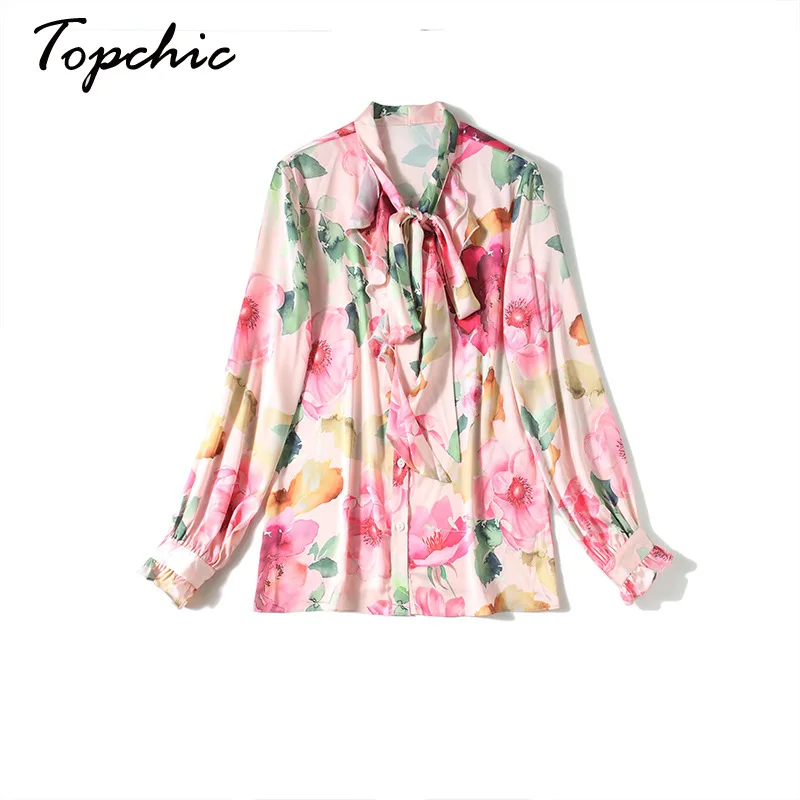

Chic Runway Designers Top Femme 2020 Spring Autumn Ladies Elegant Bow Long Sleeve Printed Blouses Shirts