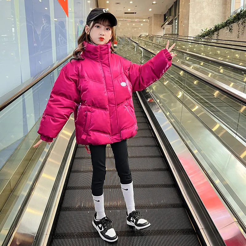 

2021 Girls Winter Thick Korean Style Stand Collar Warm and Windproof Fashionable Down Cotton Jacket Shiny Coat Children Clothes