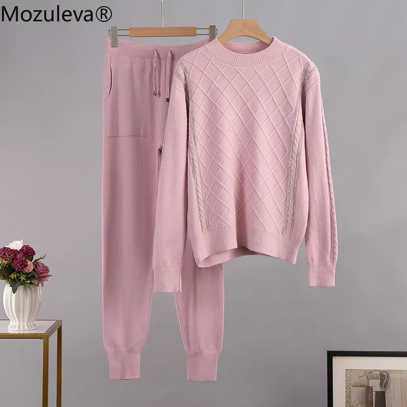Mozuleva Women Knitted Two Piece Tracksuits Autumn Winter Diamond Loose Sweater and Full Length Harem Pants 2 Set Outfits |