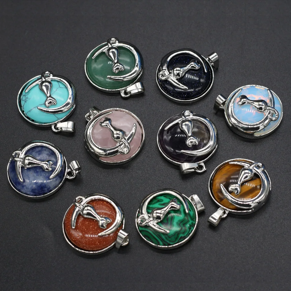 

1pcs Natural Stone Agates Round Rabbit Pendant Gold Sand Rose Quartzs for Necklace Earring Bracelet Jewelry Making Size 28x32mm
