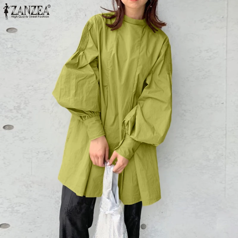 

Stylish Women Long Puff Sleeve Blouse Spring Back Lace Up Tops ZANZEA Casual Solid Loose Shirt Oversized Tunic Blusas Chemise