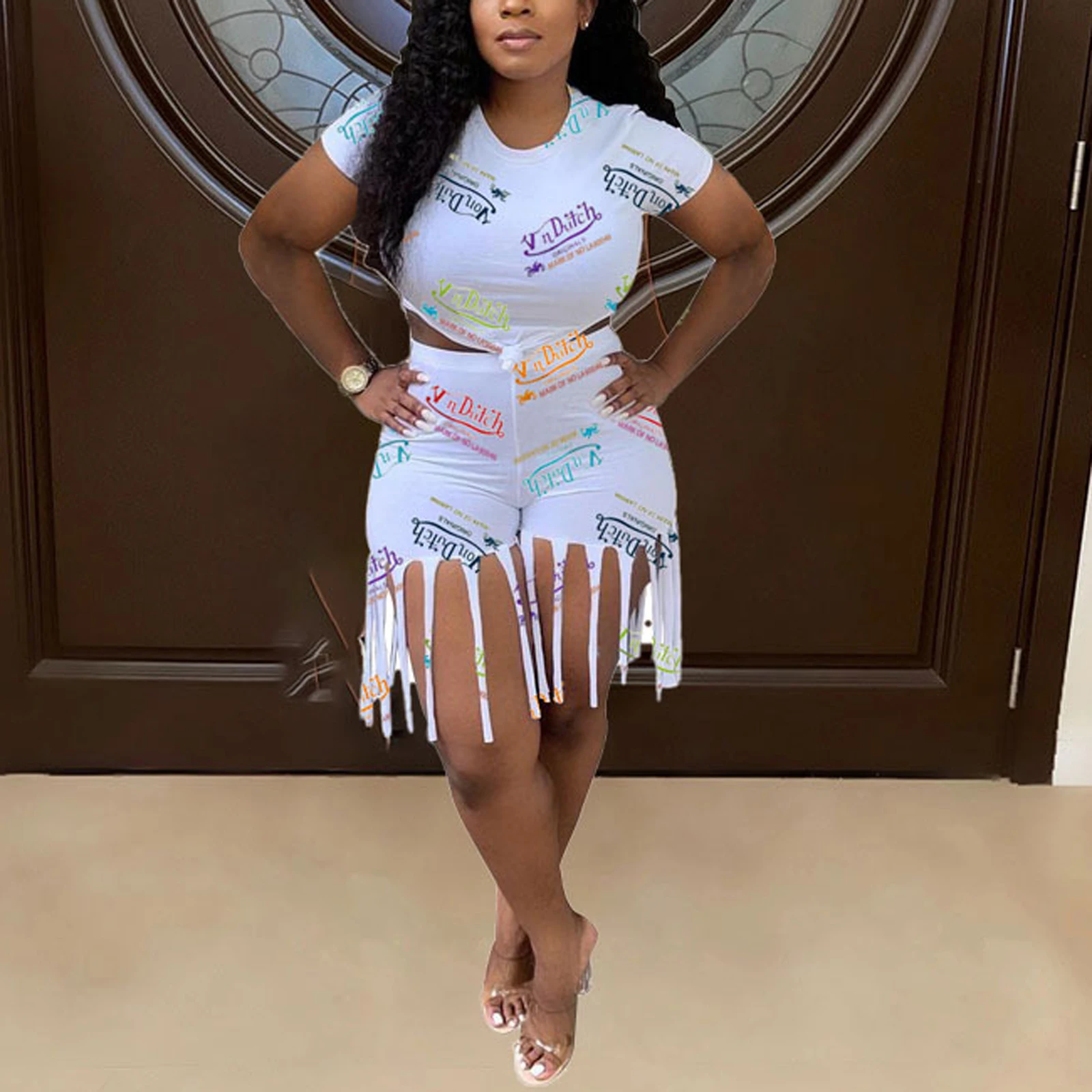 

Women Letter Print Clothes Set, Short Sleeve O-neck Knot Cropped Tops + High Waist Shorts with Tassels