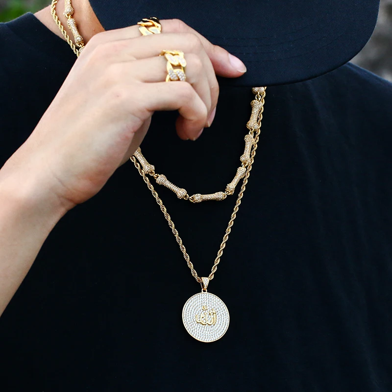 

Hip Hop Round Chapter Pendant Hieroglyph Full Crystal Zircon Design Rock With 4MM Tennis Chain Necklace For Men Women Party Gift