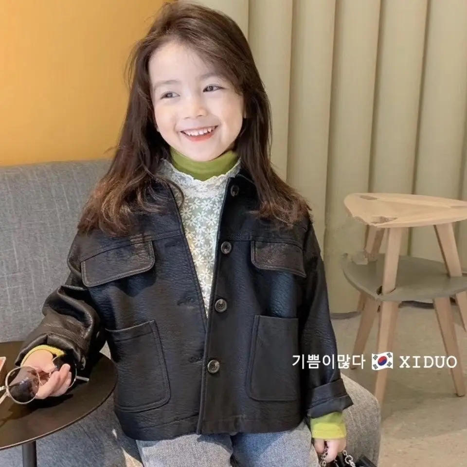 

Leather Jacket Autumn Winter Black Lapel Top Boys' And Girls' Leather Jacket