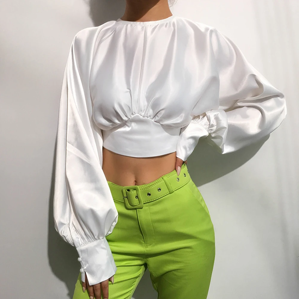 Модные женские облегающие атласные белые футболки осенняя Весенняя футболка