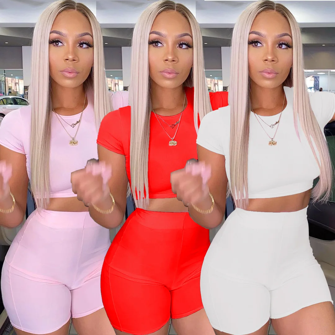 

Casaul Women Tracksuit Two Piece Set Short Sleelve Shirt Biker Set Solid Color Sportsuit Summer Clothes For Women Outfit