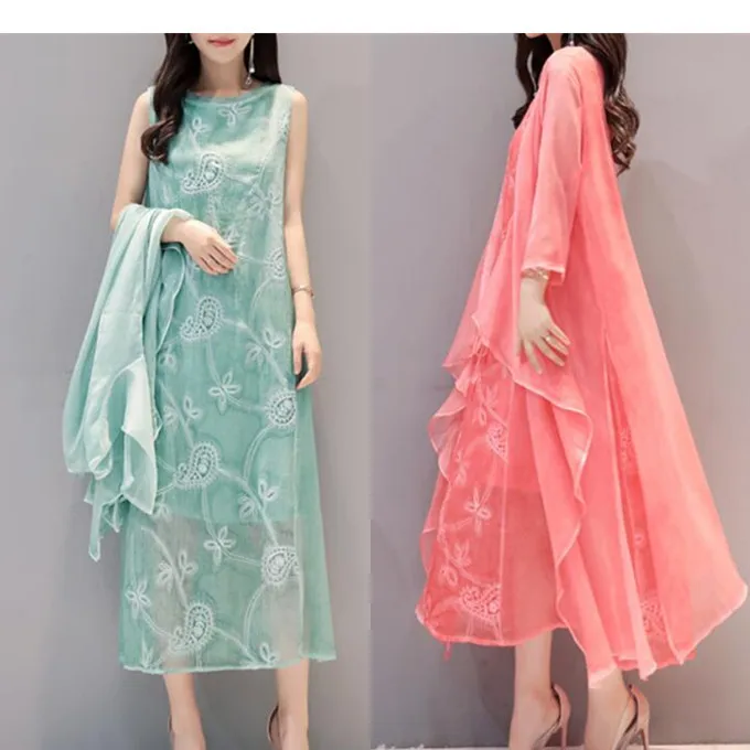 

Dress Suits Women Two Piece Sets With Jacket Chiffon Silk Vintage Embroidery Mother of The Bride Long Dresses Robe Wedding Wear