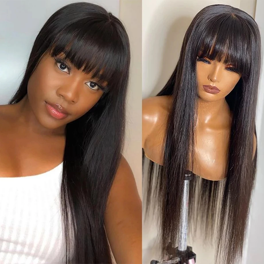 

Fringe Wigs Heat Resistant Synthetic Lace Front Wig With Bangs Glueless Silky Straight Wig Natural Pre Plucked Hairline Bleach