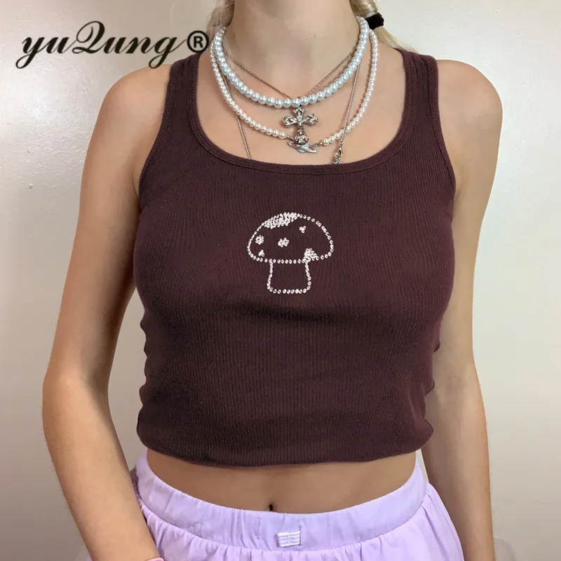 Yuqung женские коричневые вязаные 2K без рукавов Тонкий укороченный топ на бретелях