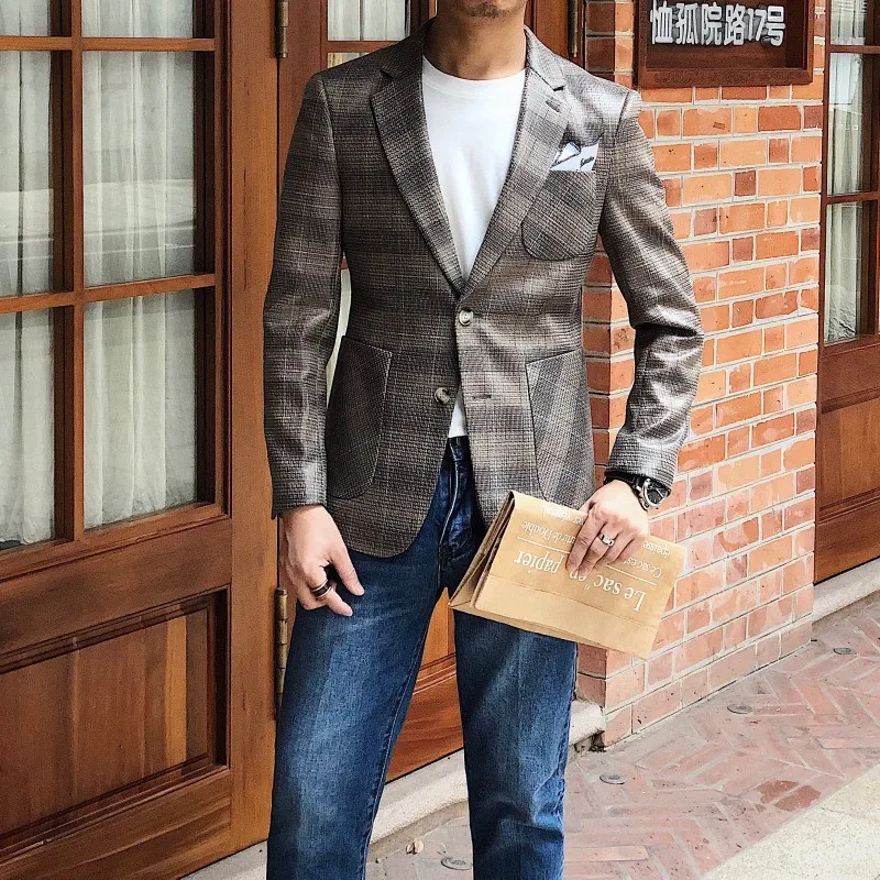 Весенний клетчатый блейзер мужской деловой Повседневный приталенный Блейзер Ropa