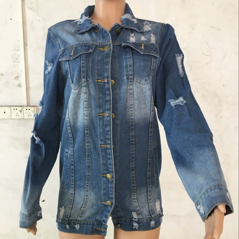 

European and American Women's Mid-length Ripped Denim Trench Coat