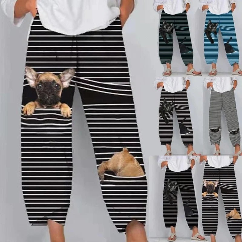 

2021 женская уличная обувь модные повседневные штаны, для лета и осени, свободные штаны-шаровары в полоску, с животным узором, с принтом штаны размера плюс большими карманами Брюки