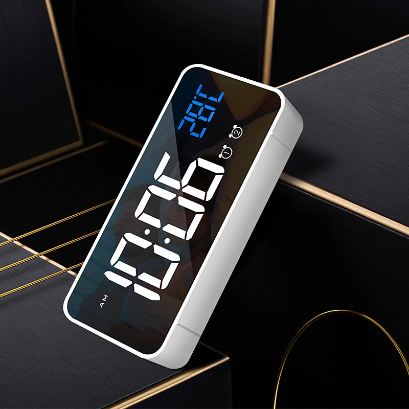 

Multifunction LED Mirror Alarm Clock Sound-Activated Clock Rechargeable Bedside Music Clock Dual Alarms with Snooze Function