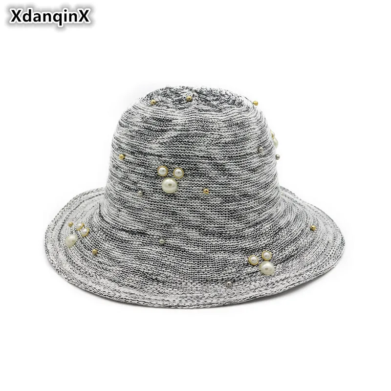 XdanqinX 2019 Новая женская дышащая соломенная складная шляпа женская панама элегантные модные Украшенные жемчугом пляжные шляпы для женщин